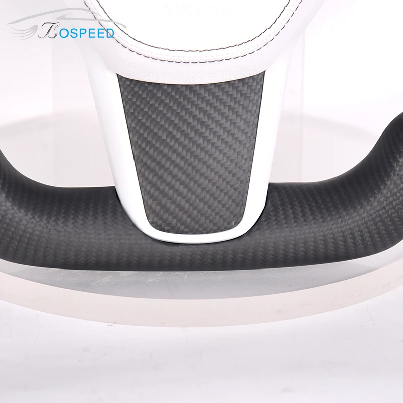 For Tesla Model 3 Model Y Matte Carbon Fiber White Smooth Leather Car Steering Wheel F1 Style