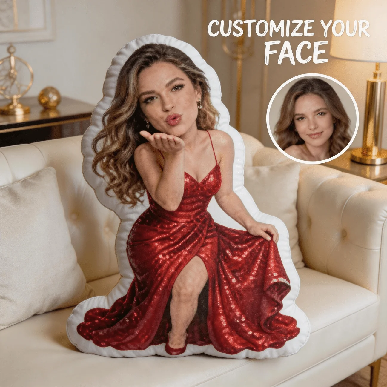 Customized Personalized Photo Face Pillows, Red Dress Portrait Custom Styling Decorative Pads, Sofa and Bedroom Decorative Pillo