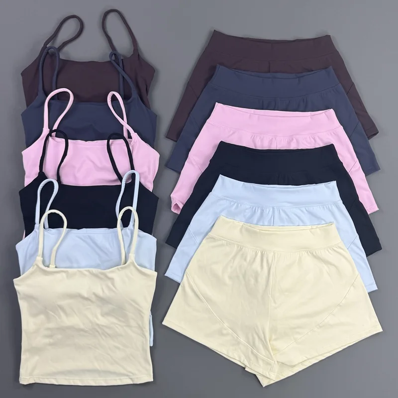 HISTELLO Women 2 Piece Gym Origin Set Thin Strap Crop Top Loose Shorts Suit Soft Stretchy Activewear Pilates Workout Outfit