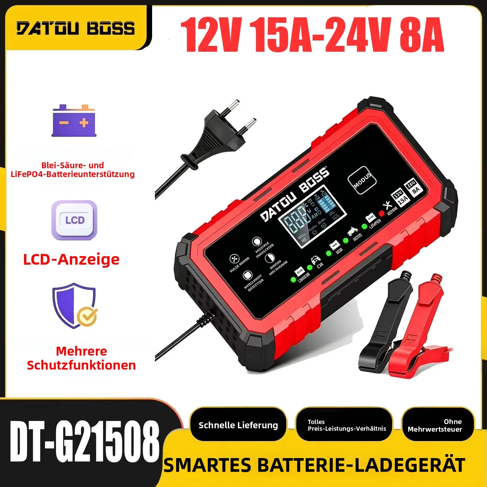 DATOUBOSS 12V/24V Intelligentes Ladegerät für Blei-Säure AGM GEL LiFePO4 Batterien Auto Motorrad LKW Ladegerät