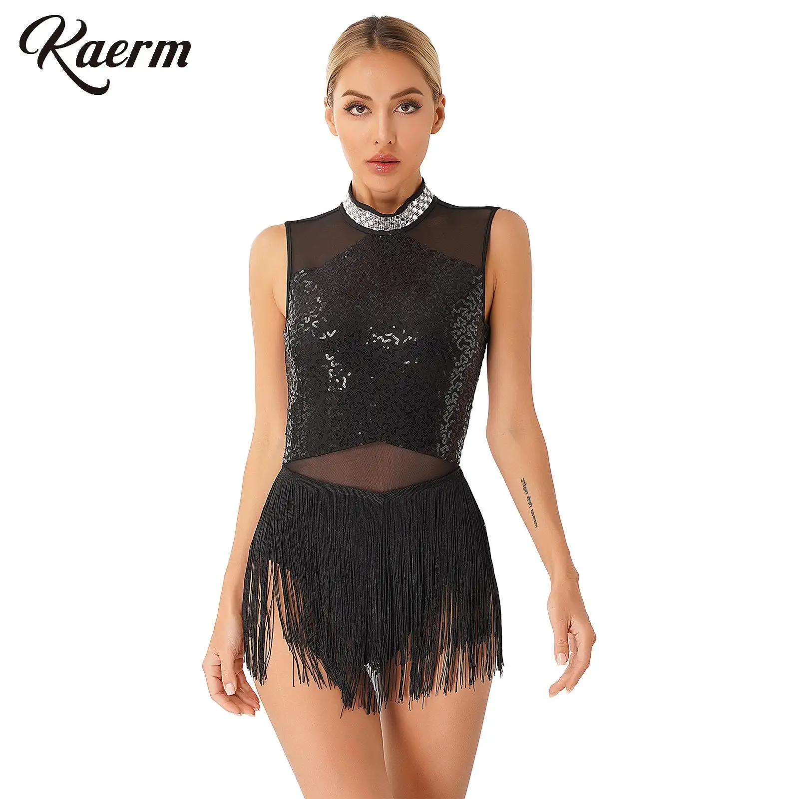 

Womens Latin Ballet Samba Dance Dresses Performance Costumes Shiny Rhinestone Collar Sequined Fringed Leotard for Modern Dance