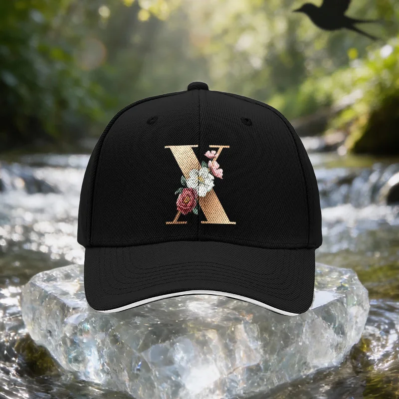 Golden X Letter with White Powder Flowers Sandwich Baseball Cap, Unisex Easy Lightweight Adjustable Outdoor Sun Hat, Ideal Gift