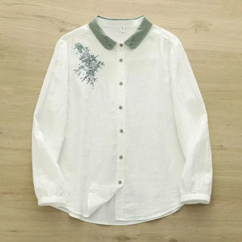 

Double-layer Cotton Gauze Long-sleeved Shirt for Women 2025 Autumn Retro Embroidered Collar Soft Skin-friendly Breathable Top