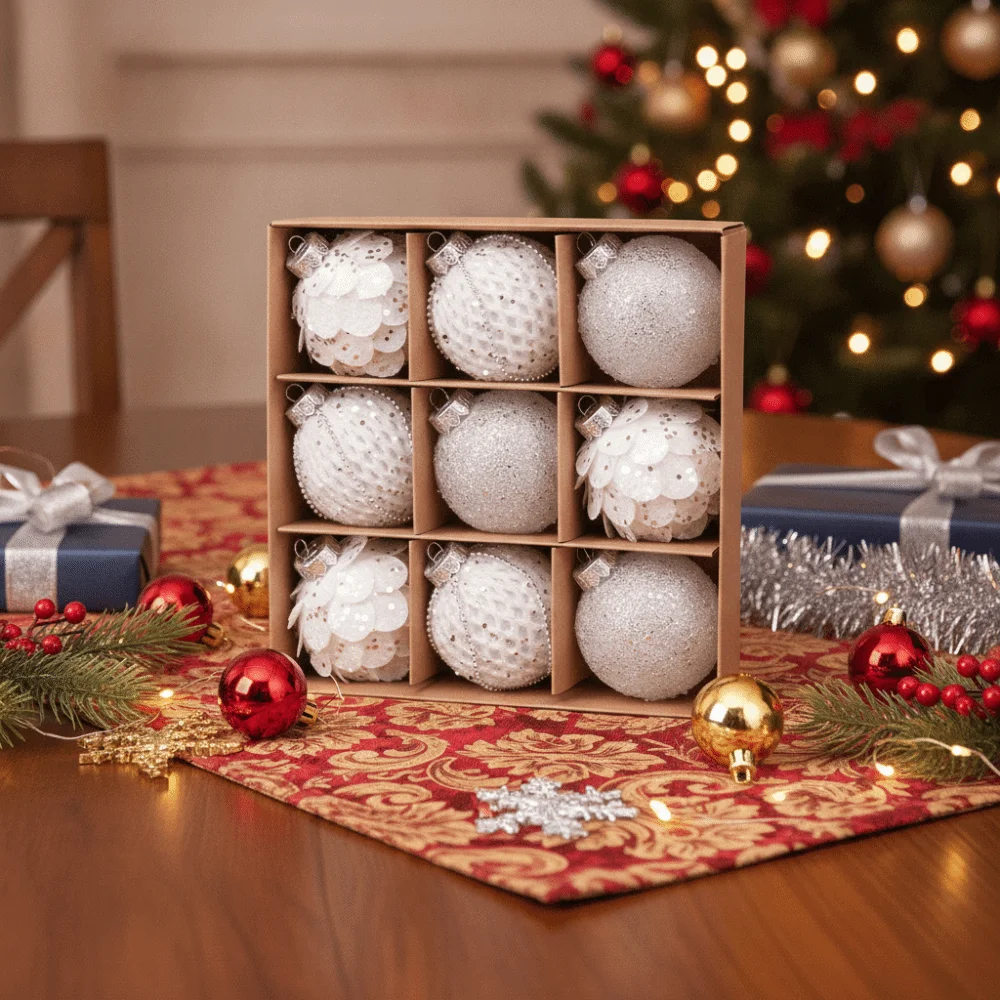 9PCS 8CM Christmas Ball Ornaments Foam Glitter Xmas Spheres Pendant Set Lightweight Painted Christmas Party Decoration