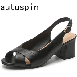 AUTUSPIN Genuine Leather Women's Sandals 6.5cm Fashion Ladies Thick High Heels Summer Woman Elegant Peep Toe Office Pumps Female