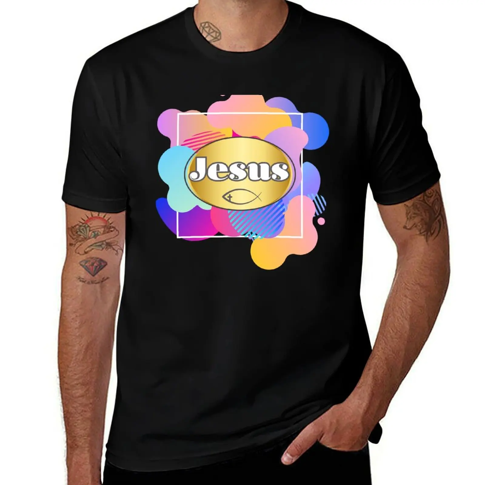 

Colorful Jesus Design - Olivia Font T-Shirt summer tops Short sleeve tee baggy shirts man clothes t shirt men 100℅ cotton