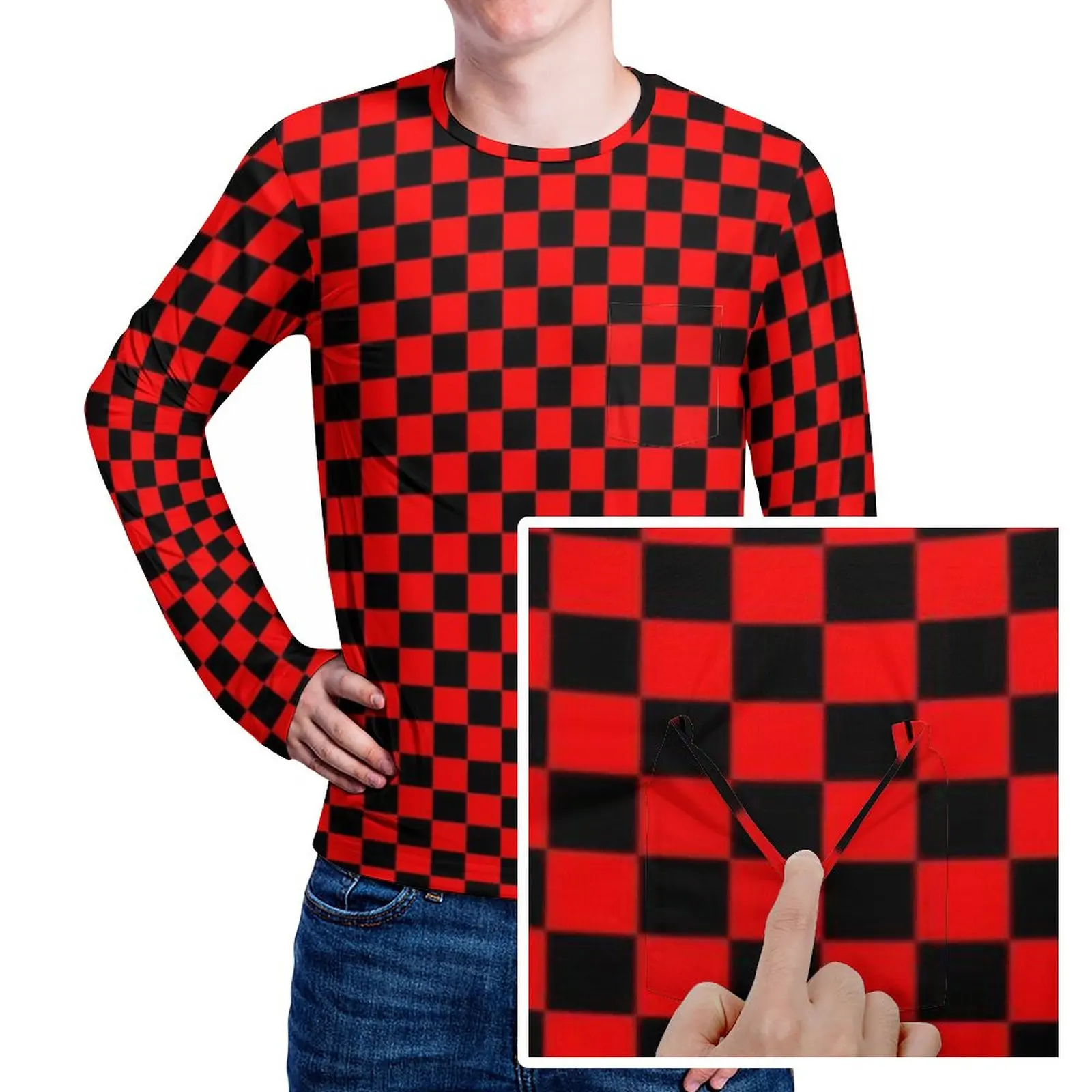 

Simple Checkerboard T Shirt Red and Black Checkered Men Vintage T Shirts Graphic Tees Long Sleeve Fun Oversize Birthday Present