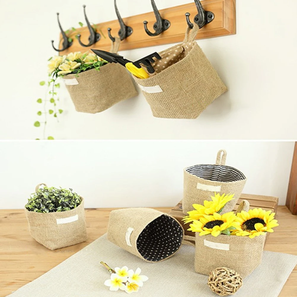 

Hanging Storage Bag Yellow Stripe Jute Fabric Natural Eco-Friendly Breathable Organizer For Cosmetics Underwear Tools