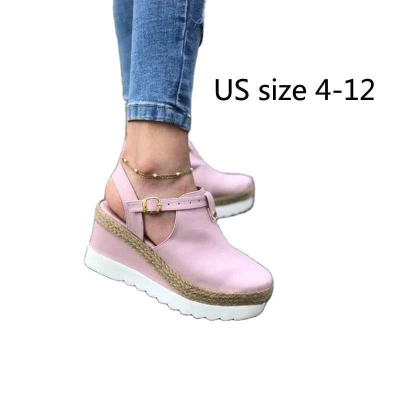 

New Wedge Sandals Women's Buckle Strap Straw Thick Bottom Toe Head Vintage Roman Shoes Flock Female Shoes With Free Shipping