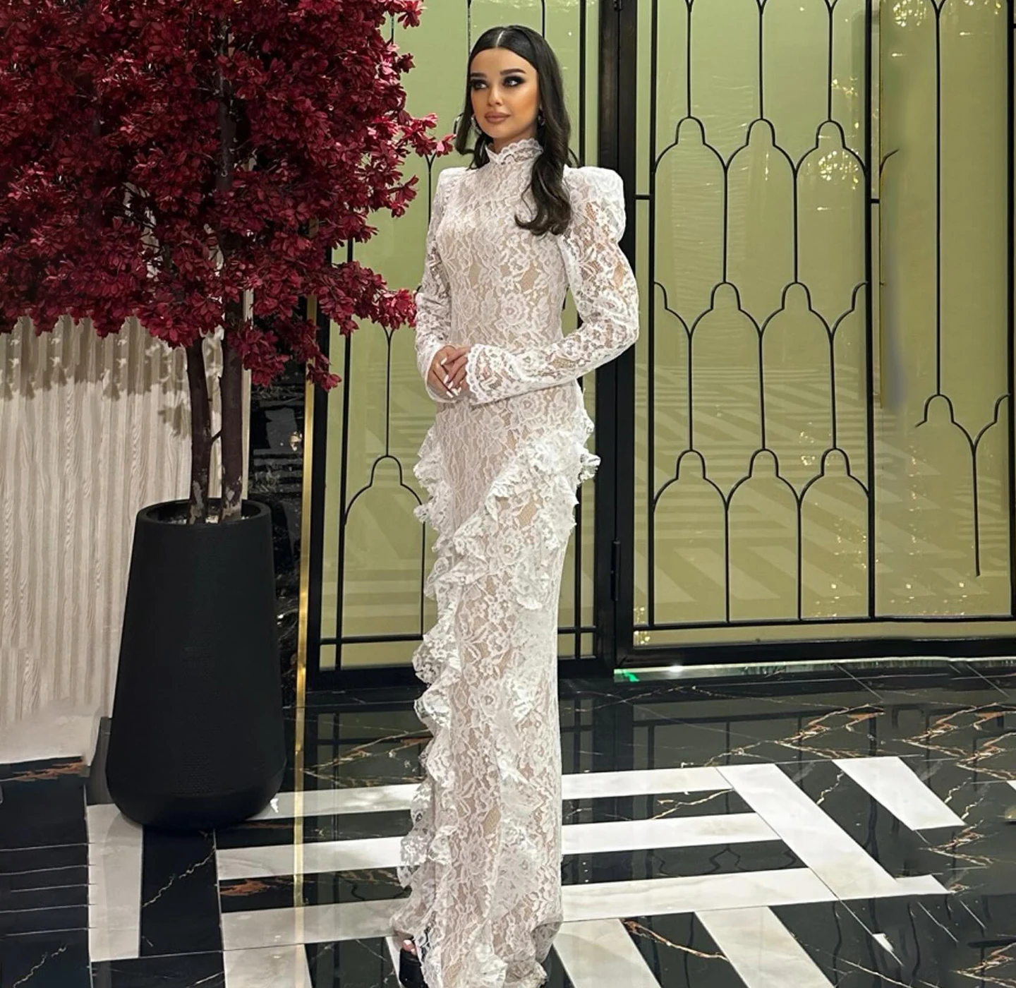 シャロンは、女性の結婚式のアラビアのウエディングドレス SF463 カスタマイズされた長袖ハイネックホワイトレースのイブニングドレス