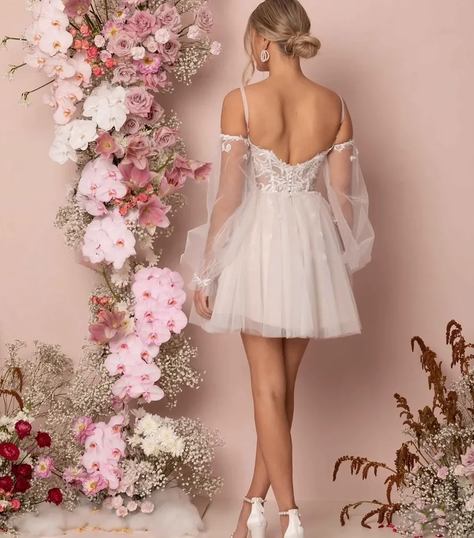 Robe de Mariée Courte Sexy, Ligne A, en Tulle, Sur Mesure, Dos aux, avec Poignées de Réception, Manches Amovibles