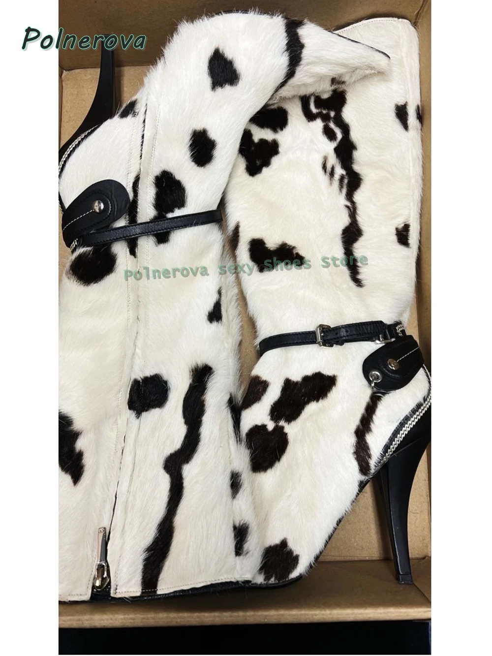 Cow Print Belt Buckle Fashion Boots Pointed Toe Stiletto Zipper Closure Mixed Colors Women Sexy Knee High Boots 2025 New Style