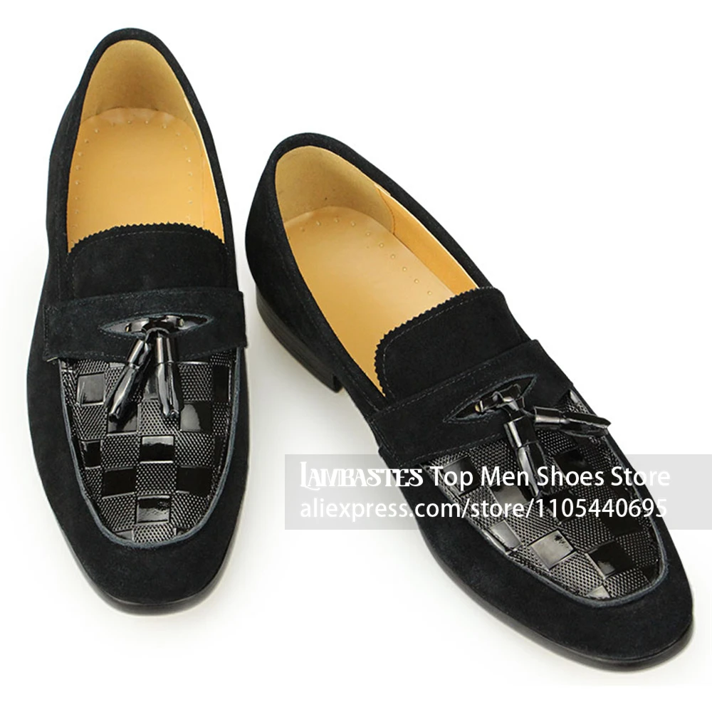 Matte Glossy Patchwork Business Loafers Mixed Texture Slip on Dress Shoes Tassel Decor Penny Strap Casual Leather Shoes for Men