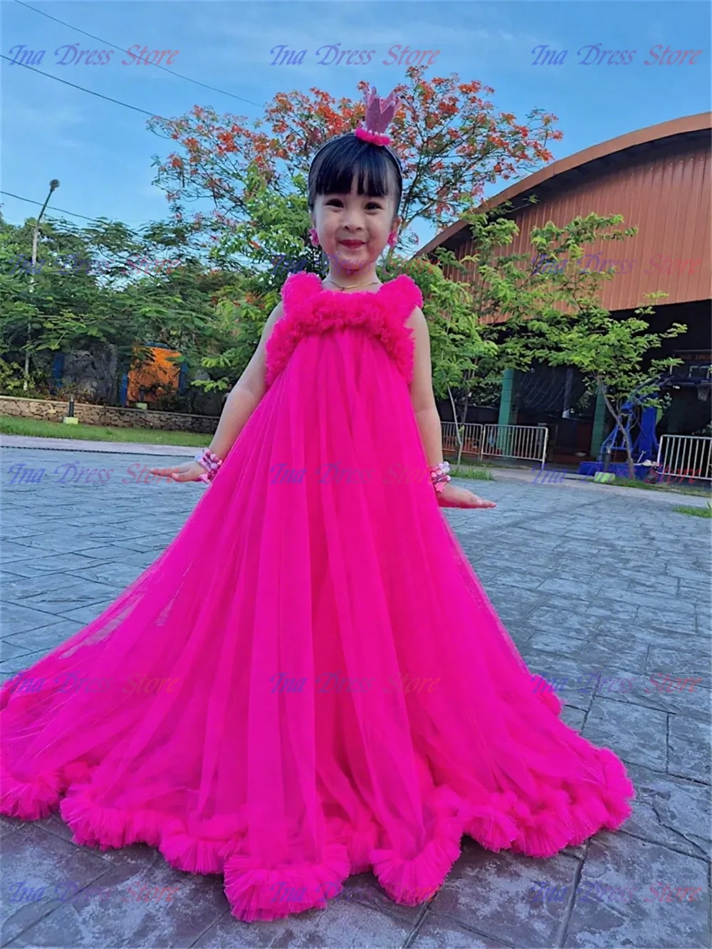 

Quality Lovely Layering Flower Girl Dress Tulle Fluffy Wedding Ball Dresses Pink Princess Kids Birthday Party Evening Gowns