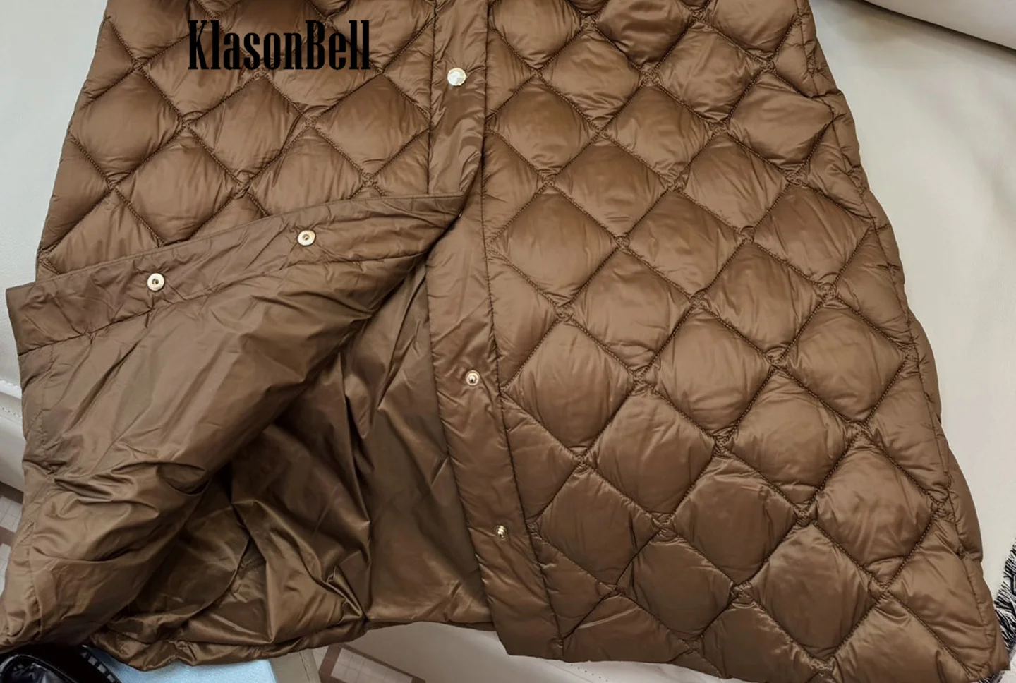 9.6 KlasonBell Women Luxury Fox Fur With Metal Belt Long Goose Down Jacket Quilted Argyle Plaid Spliced Long Sleeve Down Coat