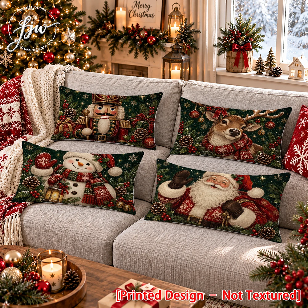 4pc Christmas Throw Pillow Covers , Vintage Santa Snowman Reindeer Nutcracker Holiday Decorative Cushion Cases for Sofa Couch
