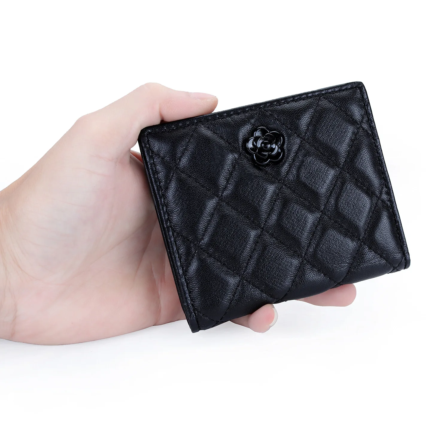 Quilted Lambskin Leather Bifold Wallet for Women, Ultra-Slim Small Compact Purse with ID Window Multi-Card Slots Short Wallet