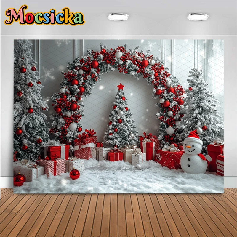Mocsicka Merry Christmas การถ่ายภาพฉากหลัง Xmsa ต้นไม้สีขาว Snowman ของขวัญตกแต่งเด็กภาพพื้นหลังวอลล์เปเปอร์
