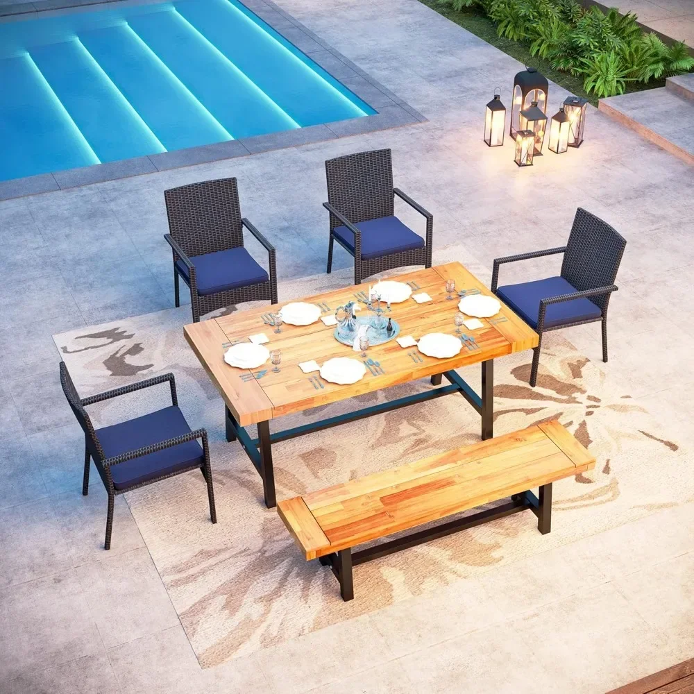 6 PCS Outdoor Wood Dining Set, Acacia Wood Table & Wooden Bench & Cushioned Rattan Wicker Chairs, OutdoorDining Furniture Set