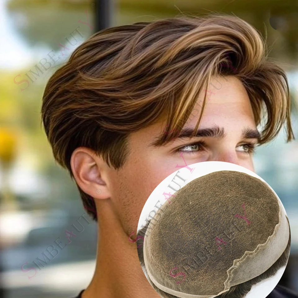 

Brown Blonde Q6 Swiss Lace Front&PU Human Hair Replacement System Toupee Natural Hairline Prosthes Undetected Man Bleached Knots