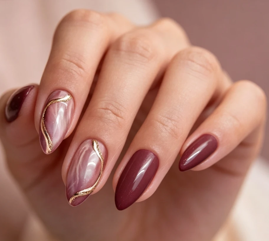 Burgundy Marble Gold Line Almond Press On Nails Glossy Wine Red Swirl Marble Fake Nails Elegant Reusable Stick On Nails For Women Wedding Daily Manicure