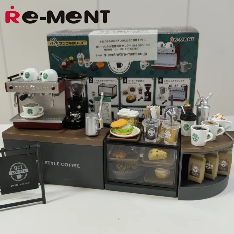 Original re-ment figura estilo pequeno café caixa cega cena em miniatura doces brinquedo talheres ornamento coleção crianças presente