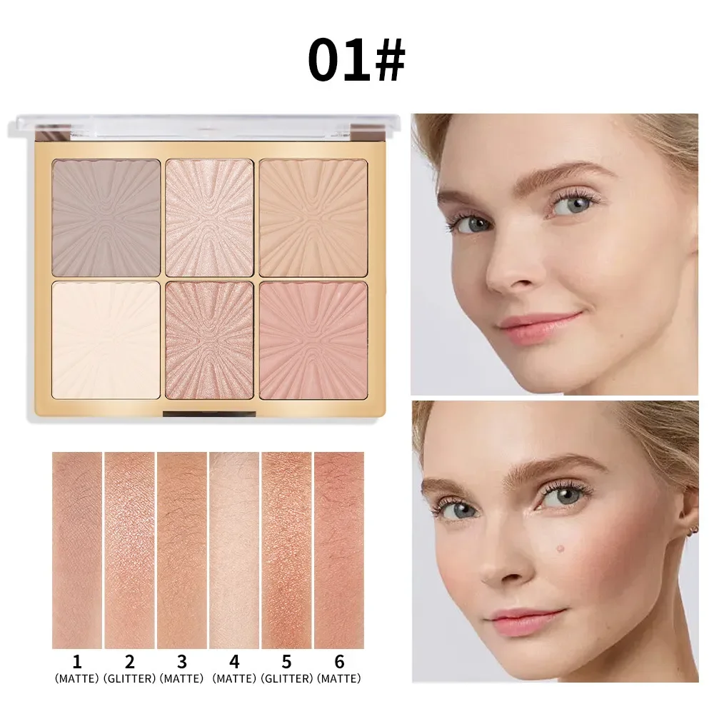 Puder puder do konturowania Bronzer z matowym paleta rozświetlaczy brokatem 6 kolorów rozjaśniający rozświetlacz do przybory do makijażu