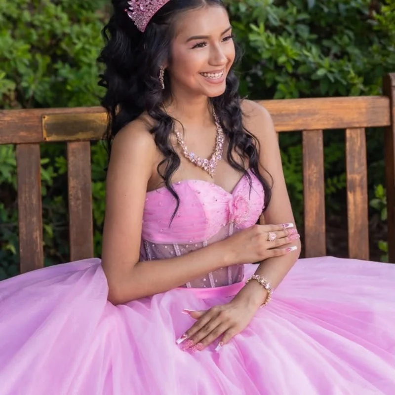 

Pink Quinceanera Dress off-shoulder Glitter 3D Flower Crystal Decal Long tail Beadwork Vestidos De 15 Quinceanera ﻿Customize