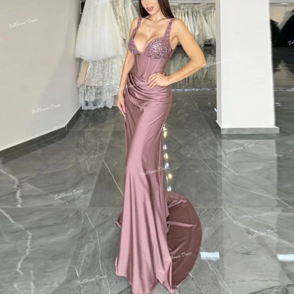 

Custom Made Women's Spaghetti Straps Pleated Shiny Beading Sequins Evening Dress Backless Long Mermaid Prom Dress with Court