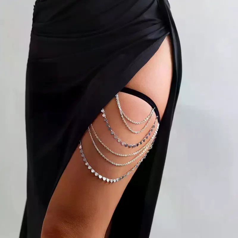 Sexy Elastic Band Bandage Leg Thigh Chain For Women Bikini Summer Heart Tassel Pendant Multilayer Garter Belt Body Jewelry