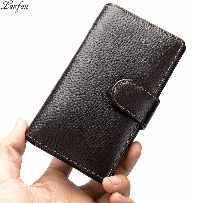 Genuine Leather Men's Long Wallet Cow Leather Simple Design Hasp Trifold Male Clutch Business Purse Phone Pocket Black