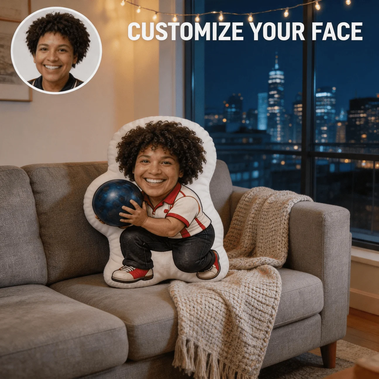 Custom Photo Bowling Shaped Pillow, Personalized Face with Ball Custom Shaped Decorative Cushion, 70CM Home Decor Accent for Sof