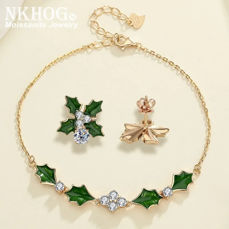 

NKHOG 5 мм Муассанит Браслеты Серьги Стерлингового Серебра 925 Зеленый Кленовый Лист Серьги-гвоздики для Женщин Ювелирные Наборы Подарочные Сертифицированные GRA