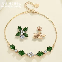 NKHOG 5mm Moissanite Bracelets Earring 925 Sterling Silver Green Maple Leaf Ear Studs for Women Fine Jewelry Sets Gift Certified