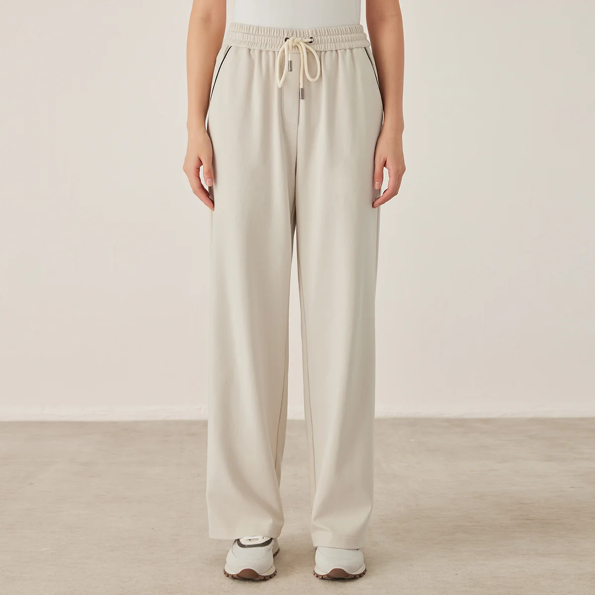 KW7523321 Pantaloni da donna in misto cotone a gamba larga con coulisse in vita elastica con tasche laterali