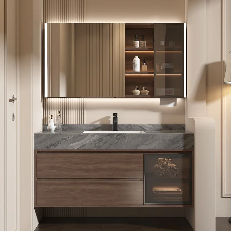 

New Chinese walnut rock slab seamless ceramic integrated basin bathroom cabinet hand wash face toilet wash table combination