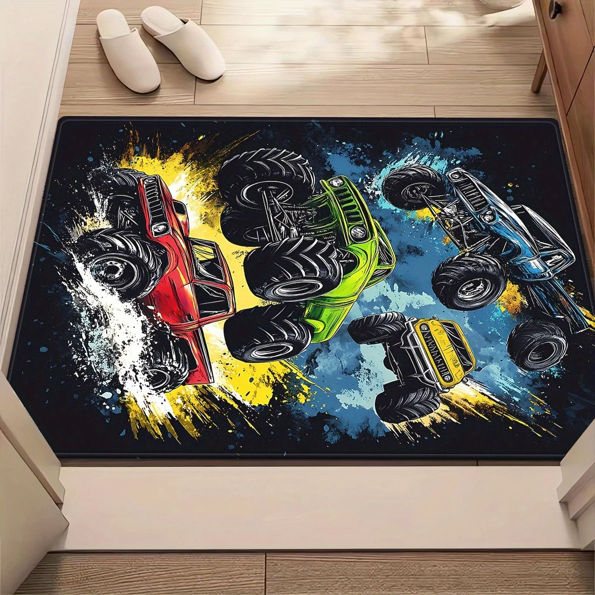 2D Flat Monster Trucks Off Road Racing Action Flannel Area Rug Non Slip Boys Game Room Carpet For Kids Bedroom Floor