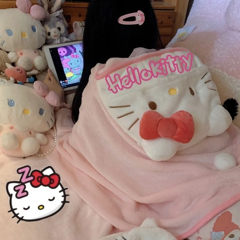 

Новинка, мультяшное одеяло Sanrio с милым рисунком Hello Kitty, банное полотенце с капюшоном в виде кошки, шаль, одеяло с капюшоном, одеяло для сна и отдыха для девушек