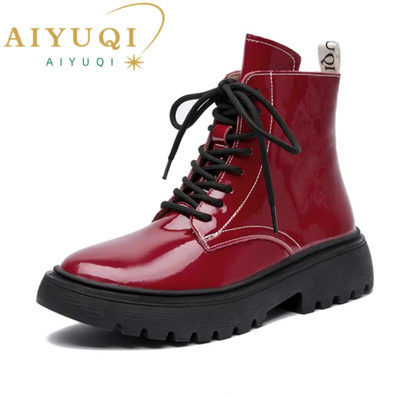 AIYUQI Women Marton Boots Winter 2024 New Genuine Leather Fashion Women Ankle Boots Lace Up Fur Women Motorcycle Boots