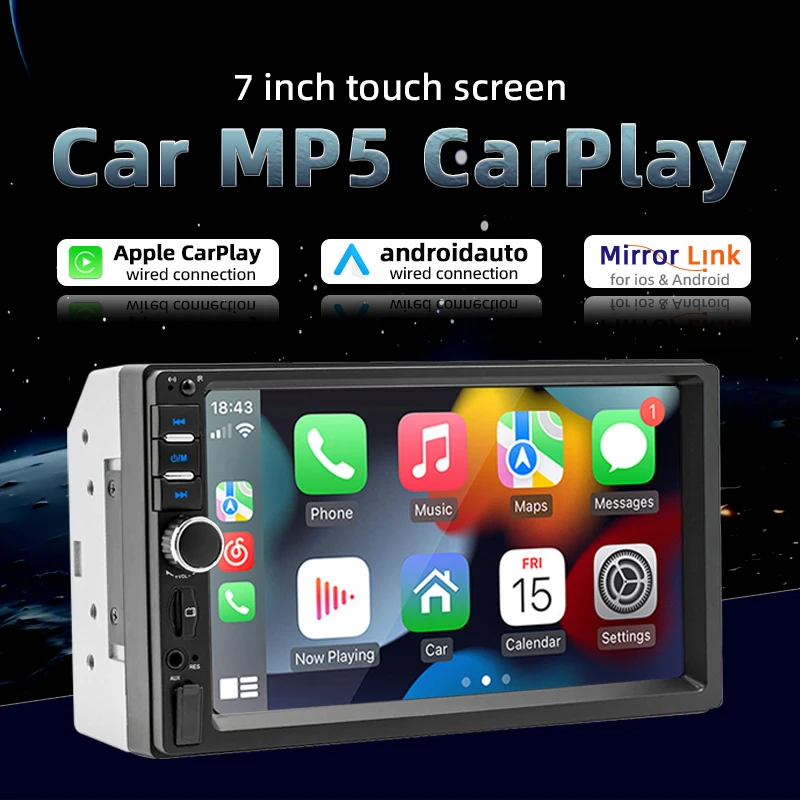 7-дюймовый HD-сенсорный экран Автомобильный радиоприемник 2 Din Высококачественный автомобильный видеоплеер Беспроводной CarPlay Android Auto с задней камерой Bluetooth