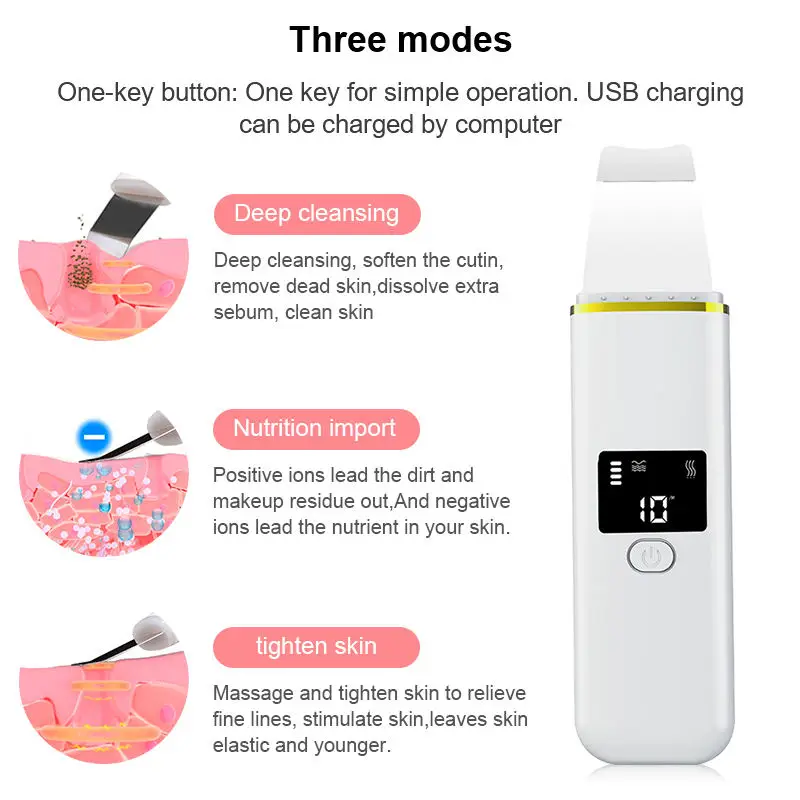 Oplaadbare Ultrasone Facial Peel Cleaner Huid Scrubber EMS Verjonging Therapie Mee-eter Elektrische Gezicht Exfoliërende Schop