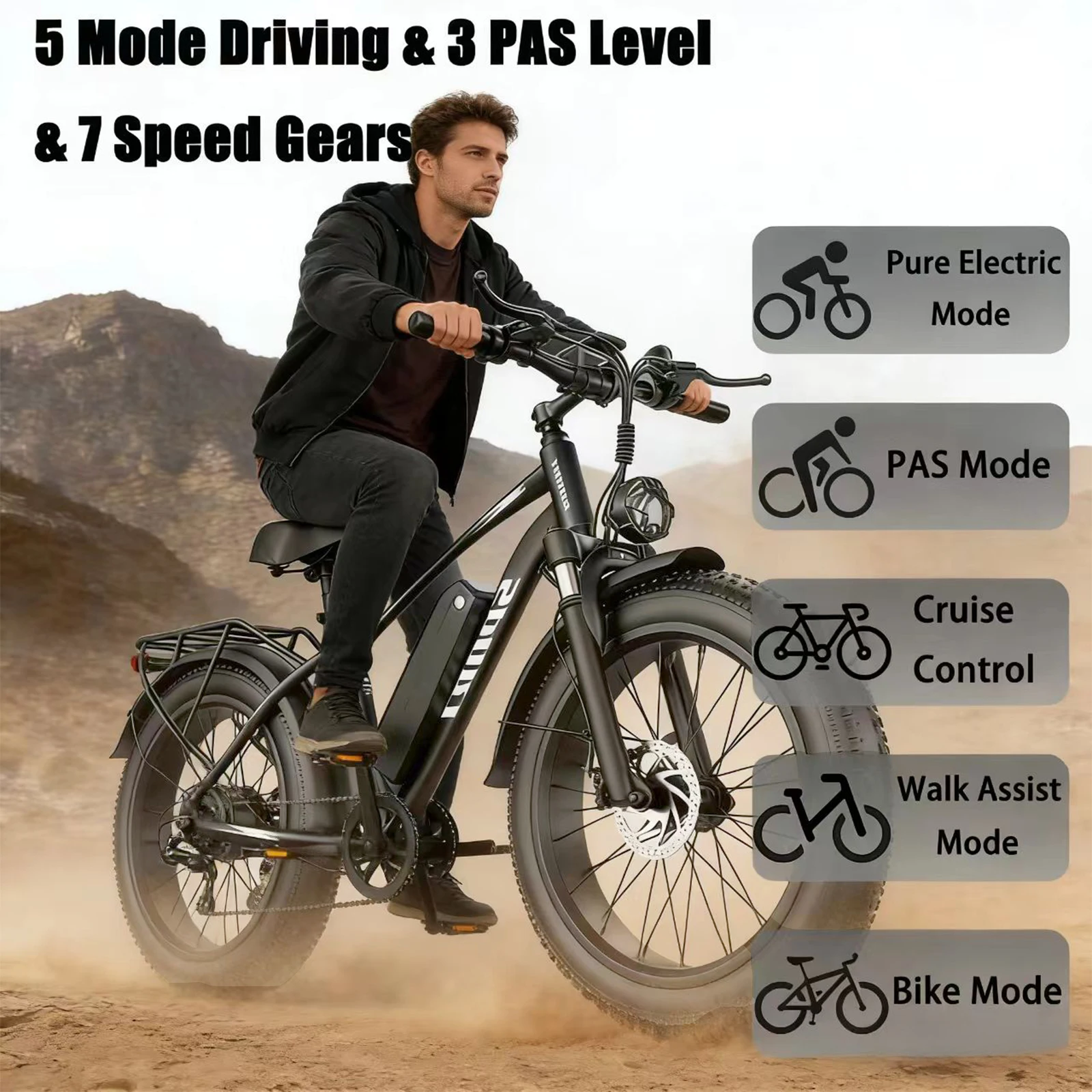 

1500W Peak Electric Mountain Bike with 26×4 Fat Tires LED Display 60-Mile Range 7 Speed and 5 Riding Modes TUV Certified