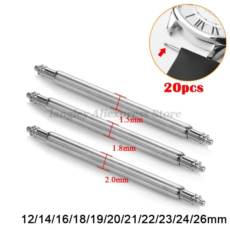 Watch Band Spring Pins 1.5mm 1.8mm 2.0mm Thickness Metal Spring Bars 16/18/20/22/24/26mm Strap Link Pins Watch Repair Tool 20PCS