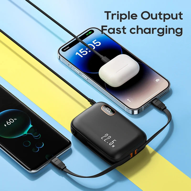 KUULAA Portable 22.5W Power Bank 10000mAh PD Fast Charging Powerbank Battery Charger, Built-in Cable For iPhone 15 14 13 12 11