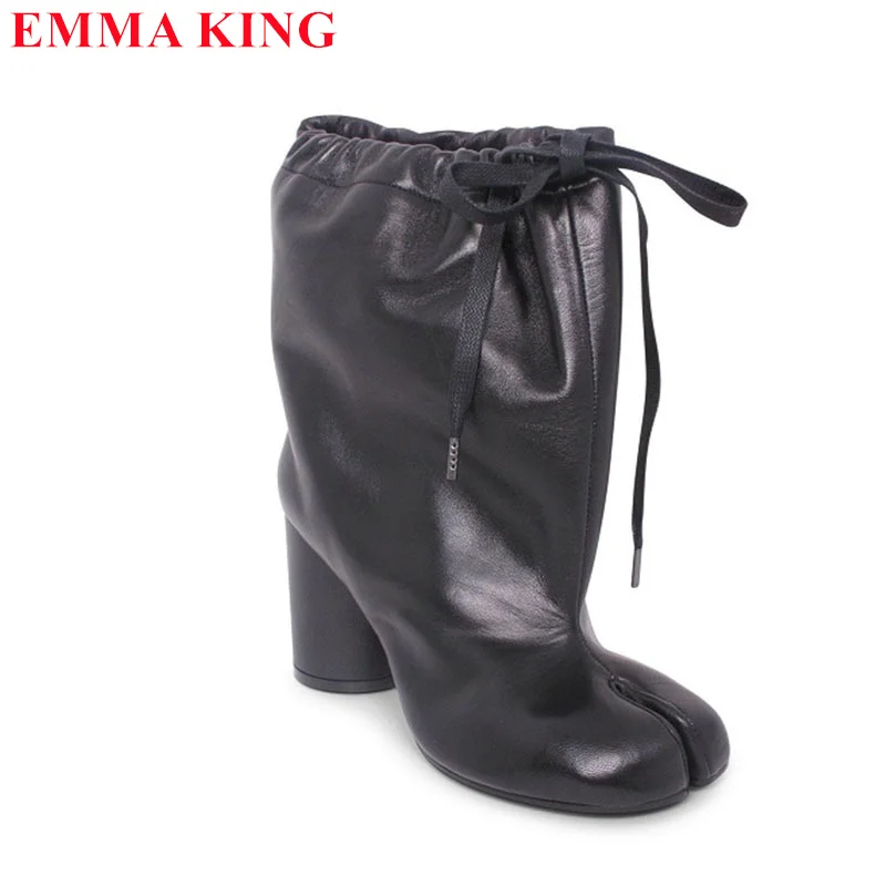 حذاء بوت بكعب عالٍ مستدير للنساء ، حذاء منقسم من الأمام ، شريط مطاطي ، موضة غير رسمية ، مقاس كبير 43 ، خريف ،