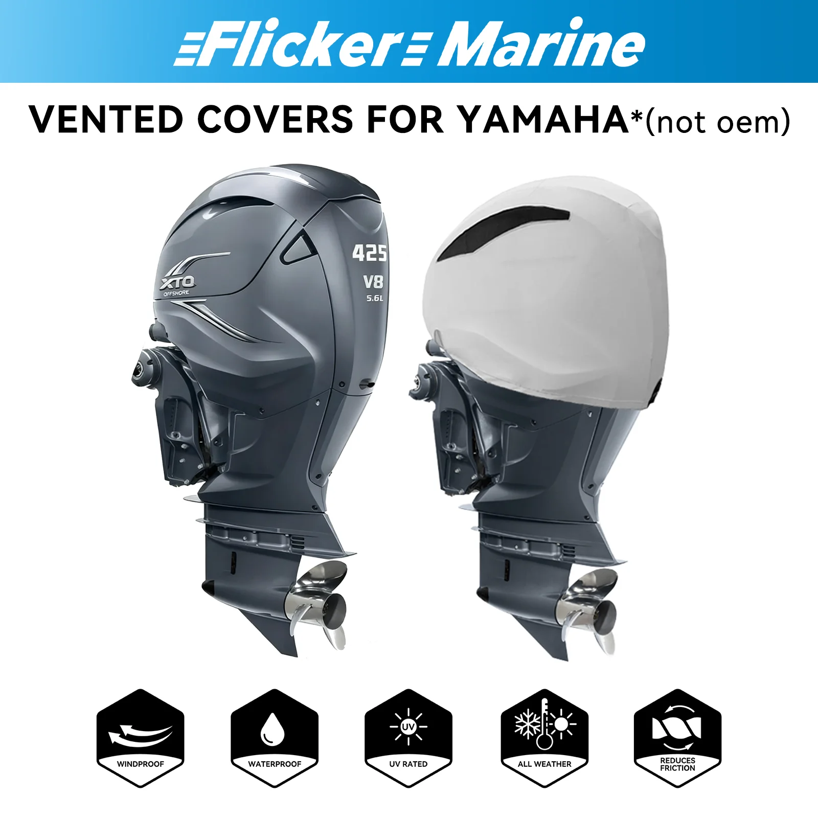 Flicker Marine Vented Outboard Cover Compatible with Yamaha | Reinforced Canvas, Triple Protection, Flocked Lining, Secure Fit