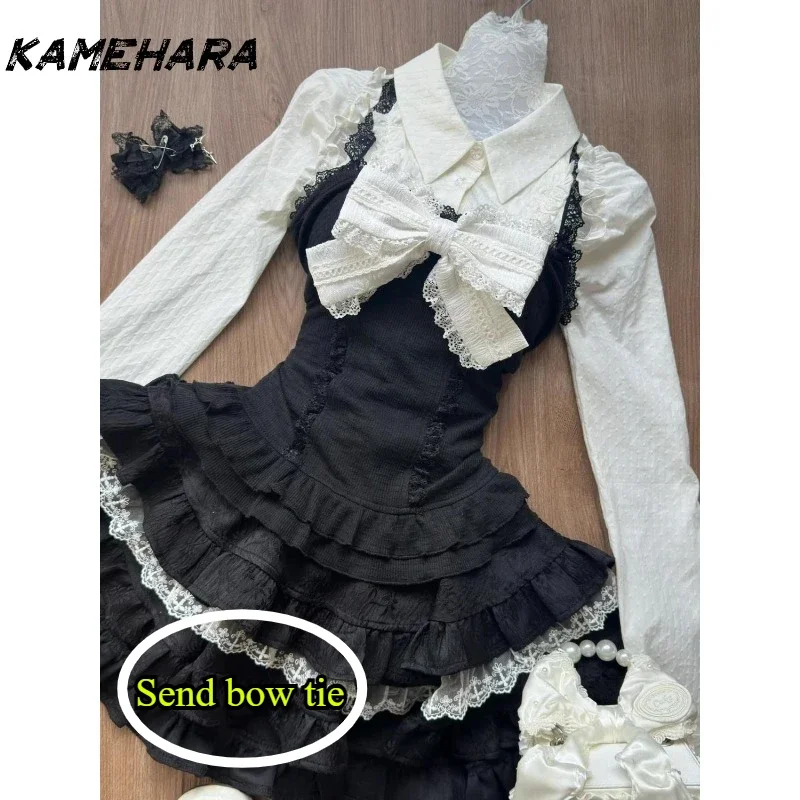 

KAMEHARA Korean Lolita Sweet Fresh Bow Tie Waist Slimming Camisole Tops Versatile White Shirt High Skirt Chic Dress Sets Платье