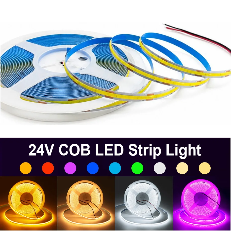 Only COB LED Strip 24V 320LEDs/m 8mm High Density Flexible 0.5m-10m RA90 Cold/Warm White/Ice Blue/Red/Green/Pink for Room