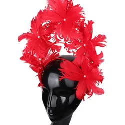 Red Feather Flower Wedding Hair Fascinator Accessories Headband Elegant Women Bridal Party Show Headwear Fancy Hair Accessories