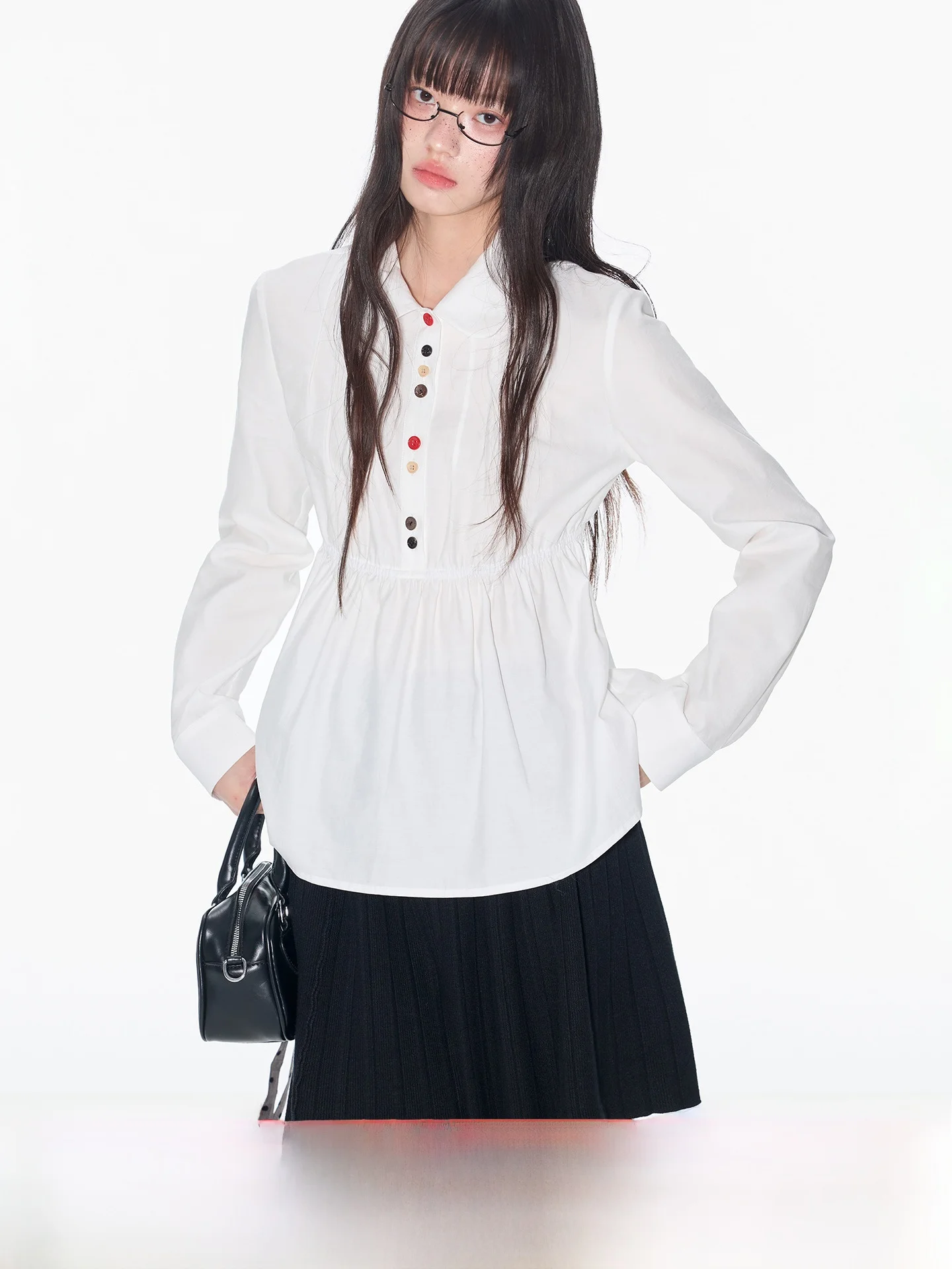 

Original Design Long Sve White Button Decorated Slim Fit T-irt High Waist Skirt Sle Turn-down Collar Women's Top